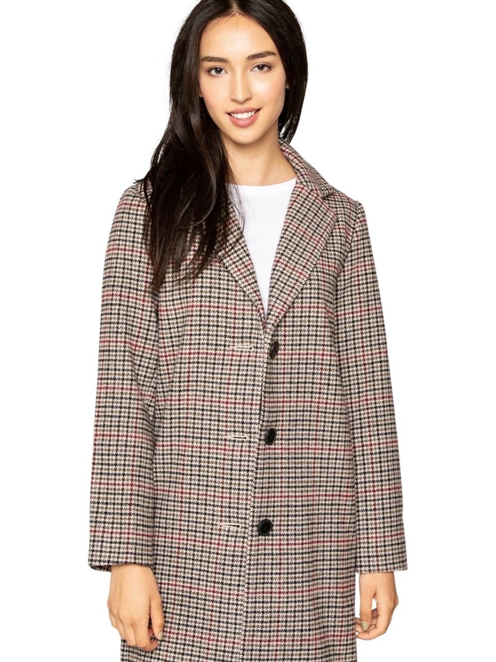 Velvet by Graham & Spencer Wool Blend Houndstooth Trench Coat Black White Pink